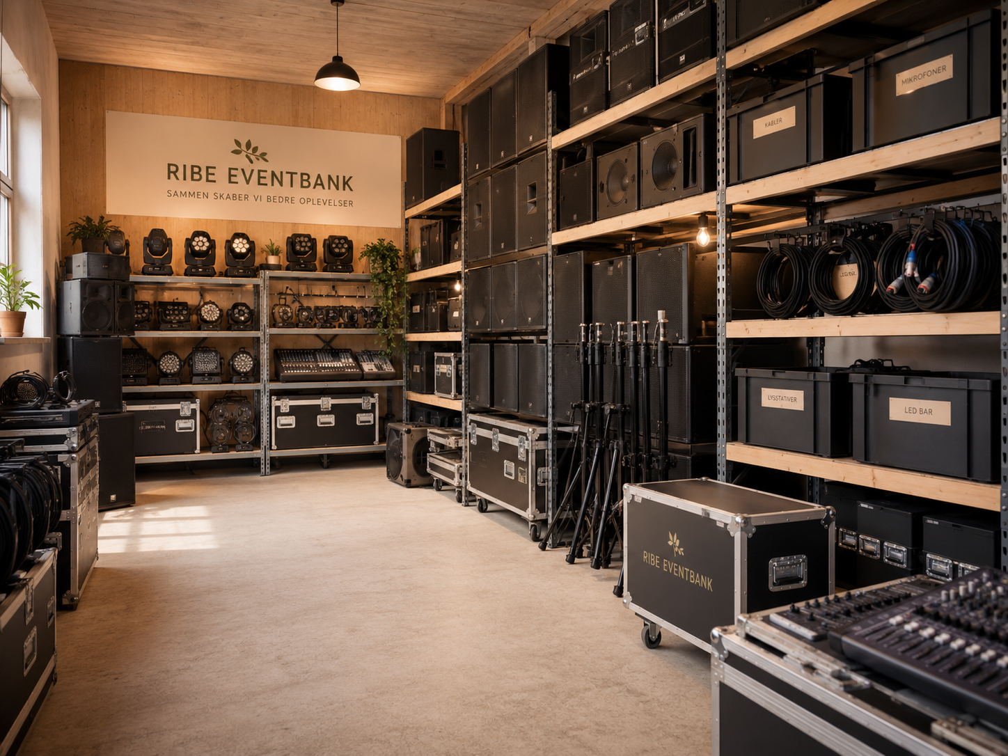 Ribe Eventbanks fælles lager med lyd, lys, mikrofoner og flightcases klar til arrangementer i Esbjerg Kommune